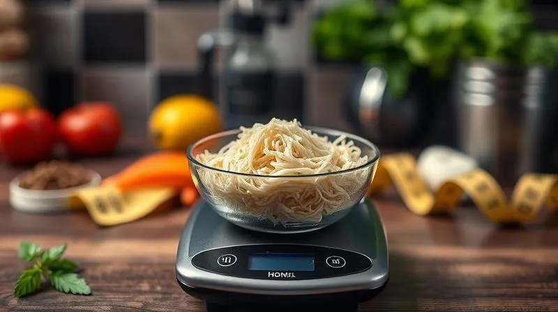 Photorealistic, professional photography, 8K, cinematic lighting, sharp focus, depth of field, shot on a high-end DSLR. A kitchen scale accurately weighing a small portion of dry rice noodles in a bowl, with a blurred background of a measuring tape and healthy ingredients like vegetables and lean protein, emphasizing precision and control in diet.