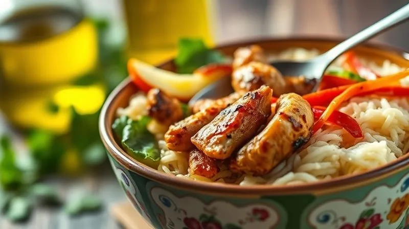 Photorealistic, professional photography, 8K, cinematic lighting, sharp focus, depth of field, shot on a high-end DSLR. A vibrant, colorful bowl of rice noodles with fresh vegetables, grilled chicken, and a light, clear sauce, with a small, elegant spoon, emphasizing healthy and light preparation. In the background, a blurred bottle of olive oil and fresh herbs.