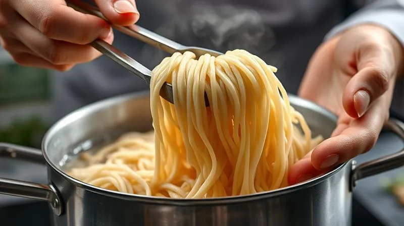 Photorealistic, professional photography, 8K, cinematic lighting, sharp focus, depth of field, shot on a high-end DSLR. A chef's hands using tongs to lift perfectly cooked, al dente rice noodles from a pot of simmering water, with steam rising gently. The focus is on the texture and individual strands of the noodles, conveying ideal preparation.