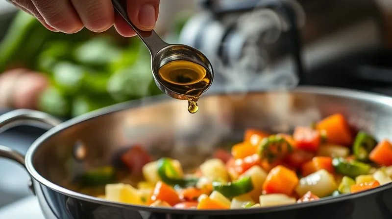 Photorealistic, professional photography of a kitchen scene with a small amount of olive oil being carefully measured into a pan with chopped vegetables, steam gently rising, emphasizing healthy cooking techniques. Cinematic lighting, sharp focus on the measuring spoon and vegetables, depth of field blurring the background. 8K hyper-detailed, shot on a high-end DSLR.