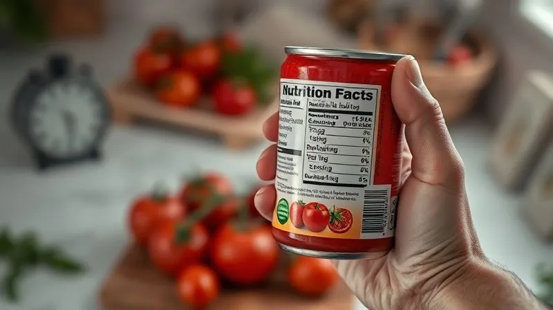Photorealistic, professional photography of a hand holding a can of tomato puree, with the nutritional label clearly visible and partially highlighted, showing "no added sugar" or "low sodium". The background is a blurred kitchen counter with fresh tomatoes. Cinematic lighting, sharp focus on the label, depth of field. 8K hyper-detailed, shot on a high-end DSLR.
