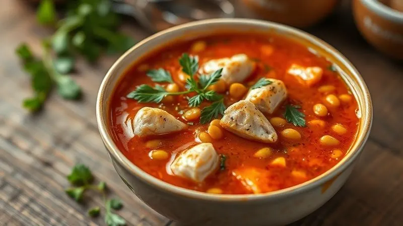 Photorealistic, professional photography of a vibrant, healthy tomato soup bowl, rich with visible pieces of chicken breast, lentils, and fresh herbs. The soup is steaming, conveying warmth and freshness. Cinematic lighting, sharp focus on the ingredients, depth of field blurring a rustic wooden table background. 8K hyper-detailed, shot on a high-end DSLR.