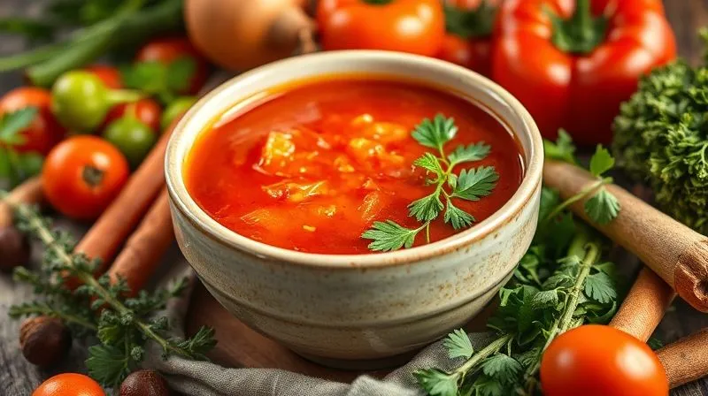 Photorealistic, professional photography of a vibrant, healthy, and steaming bowl of tomato soup, surrounded by fresh herbs, spices, and colorful vegetables. The image should convey deliciousness and freshness, with soft, natural lighting. Sharp focus on the soup, depth of field blurring the background elements slightly. 8K hyper-detailed, shot on a high-end DSLR.