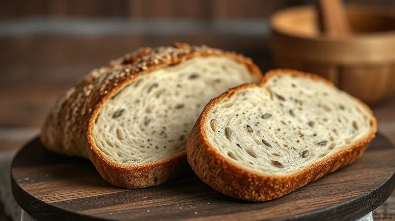 A close-up, photorealistic, professional photography shot of two slices of bread side-by-side on a dark wooden board. One slice is clearly light, white bread. The other is a dense, dark, genuinely wholemeal bread with visible grains and seeds. Cinematic lighting highlights the texture differences, sharp focus on the bread, depth of field blurring a rustic kitchen background. 8K hyper-detailed.