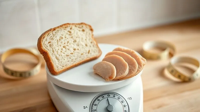 A photorealistic, professional photography image of a kitchen scale with two slices of wholemeal bread and a small portion of lean turkey breast, demonstrating portion control. A measuring tape is subtly visible in the background, out of focus. Cinematic lighting, sharp focus on the food and scale, depth of field blurring the background. 8K hyper-detailed.