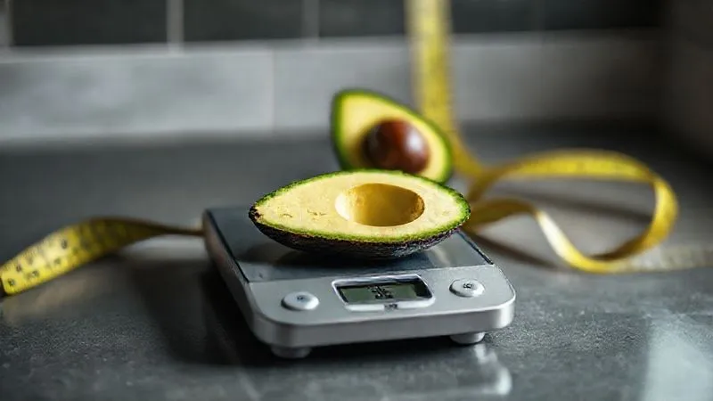 Photorealistic image of a kitchen scale weighing exactly 50 grams of sliced avocado, with a measuring tape in the background, cinematic lighting, sharp focus on the avocado and scale, depth of field, 8K hyper-detailed.