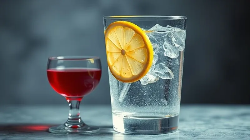 Photorealistic image of a clear glass of water with condensation, a slice of lemon, next to a small, elegant glass of cherry juice. The water glass is prominent and full, symbolizing essential hydration, while the cherry juice is smaller and secondary. Cinematic lighting, sharp focus on the water, depth of field. photorealistic, professional photography, 8K, shot on a high-end DSLR.