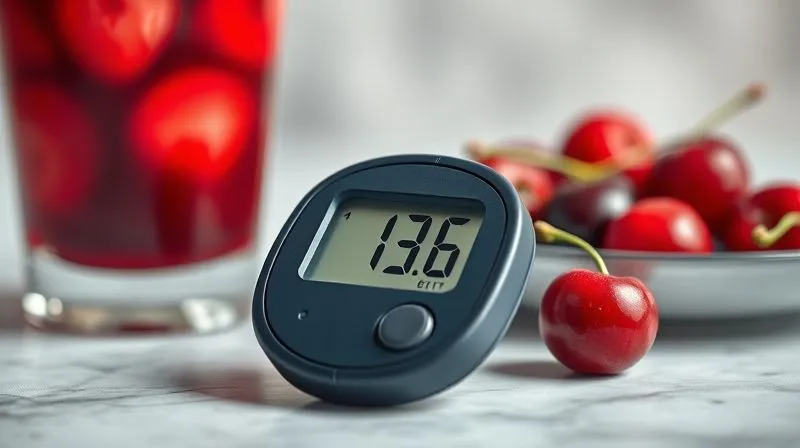 Photorealistic, professional photography of a blood sugar meter displaying a high reading, with a blurred background of a glass of cherry juice and a plate of fresh cherries. The focus is sharp on the meter, conveying the impact on blood sugar. Cinematic lighting, depth of field, 8K hyper-detailed, shot on a high-end DSLR.