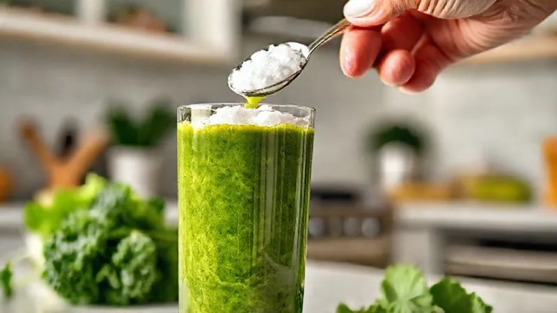 Photorealistic, professional photography, 8K, cinematic lighting, sharp focus, depth of field, shot on a high-end DSLR. A vibrant green kale smoothie being poured into a glass, but a hand is adding a large spoonful of refined sugar cubes into the blender, creating a visual contrast between healthy ingredients and unhealthy additions. The background is a clean, modern kitchen.