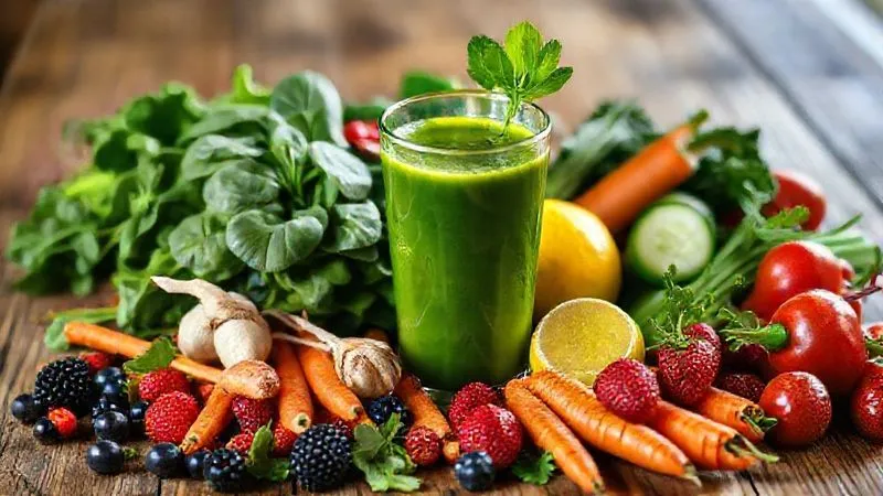 Photorealistic, professional photography, 8K, cinematic lighting, sharp focus, depth of field, shot on a high-end DSLR. A vibrant, colorful array of fresh fruits and vegetables (berries, spinach, carrots, ginger, cucumber, lemon) artfully arranged around a glass of green juice, symbolizing diet diversity. The setting is a rustic wooden kitchen table.