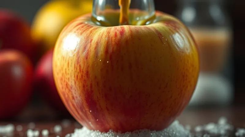 Photorealistic close-up of a fresh apple being juiced, with a subtle, out-of-focus background element hinting at hidden sugar, cinematic lighting, 8K, shot on high-end DSLR