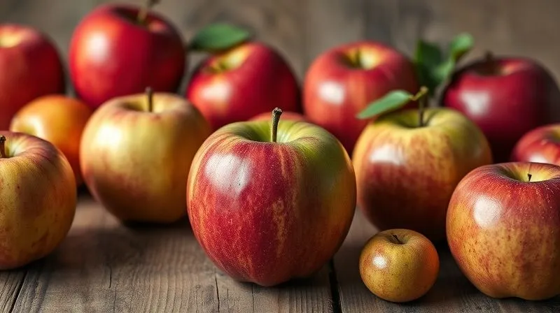 Photorealistic arrangement of various apple types (Granny Smith, Gala, Ligol) on a rustic wooden table, with one green apple prominently featured, symbolizing health and tartness, cinematic lighting, 8K, shot on high-end DSLR