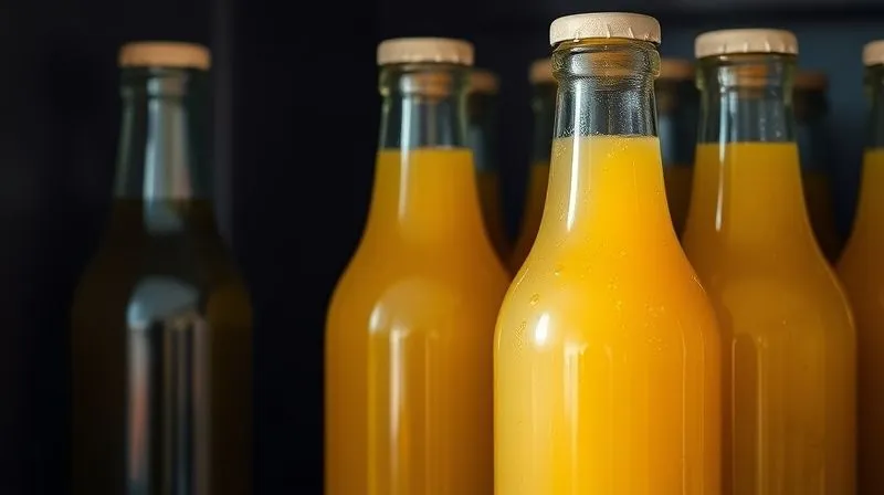 Photorealistic image of glass bottles filled with freshly squeezed apple juice, tightly sealed with corks or metal caps, stored in a cool, dark pantry or refrigerator shelf, with soft, natural light, 8K, shot on high-end DSLR