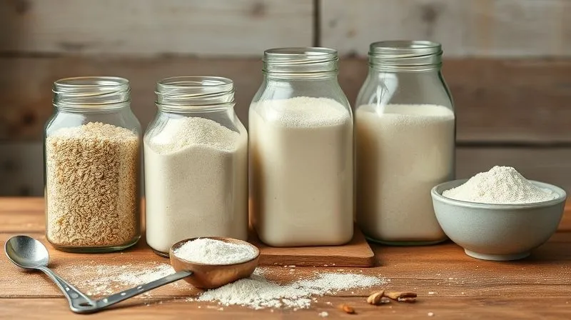 Photorealistic image of various gluten-free flours (rice, corn, tapioca, almond, oat) neatly arranged in glass jars on a rustic wooden table, with a measuring spoon and a small bowl of mixed gluten-free flour, sharp focus, depth of field, natural light, 8K, professional photography, clean and healthy aesthetic.