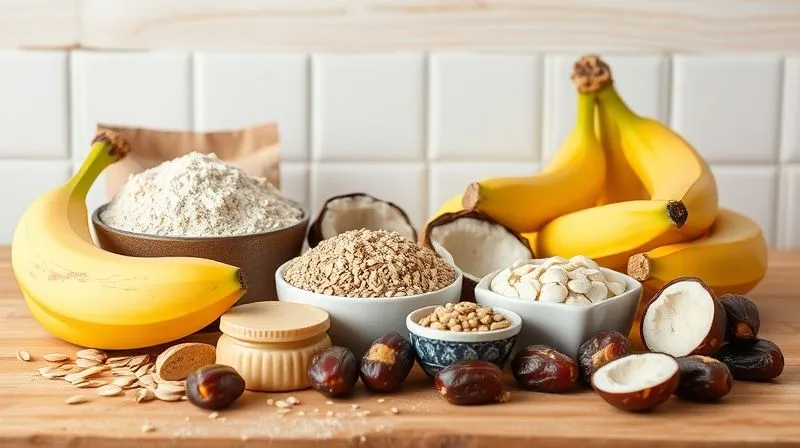 A professional, photorealistic, 8K image of a variety of high-quality gluten-free baking ingredients laid out artfully on a clean, rustic wooden kitchen counter. Ingredients include finely ground almond flour, gluten-free oat flour, organic coconut oil (solid and liquid form), natural peanut butter, chia seeds, fresh ripe bananas, and soft Medjool dates. All elements are illuminated by soft, warm, natural light, emphasizing their organic and healthy nature. Sharp focus on the ingredients, with a shallow depth of field, conveying purity and culinary potential. Shot on a high-end DSLR.
