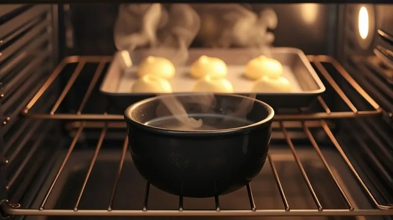 A professional, photorealistic, 8K image showing a small, dark, heat-resistant ceramic bowl filled with water placed on the bottom rack of a preheating oven. On an upper rack, a tray of perfectly formed, unbaked gluten-free cookie dough is visible. Cinematic lighting highlights the gentle steam rising from the bowl, creating a soft, warm, and inviting atmosphere. Sharp focus on the steaming bowl and the cookie dough, with a shallow depth of field, conveying a smart and effective baking technique. Shot on a high-end DSLR.