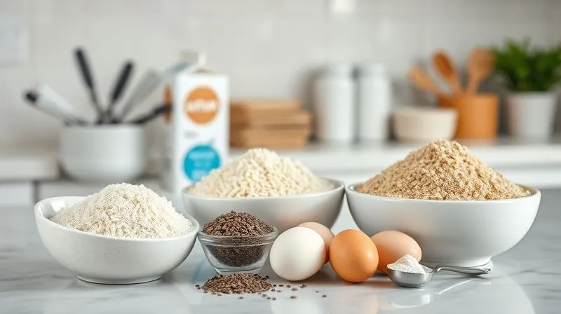 A photorealistic, professional photography, 8K, cinematic lighting, sharp focus, depth of field, shot on a high-end DSLR. A clean, minimalist kitchen counter with neatly arranged bowls of key ingredients for gluten-free rice pancakes: a bowl of white rice flour, a bowl of brown rice flour, a carton of almond milk, a small pile of chia seeds, a few fresh eggs, and a scoop of vanilla protein powder. The lighting is soft and natural, highlighting the textures of the ingredients. The scene emphasizes healthy choices and preparation.