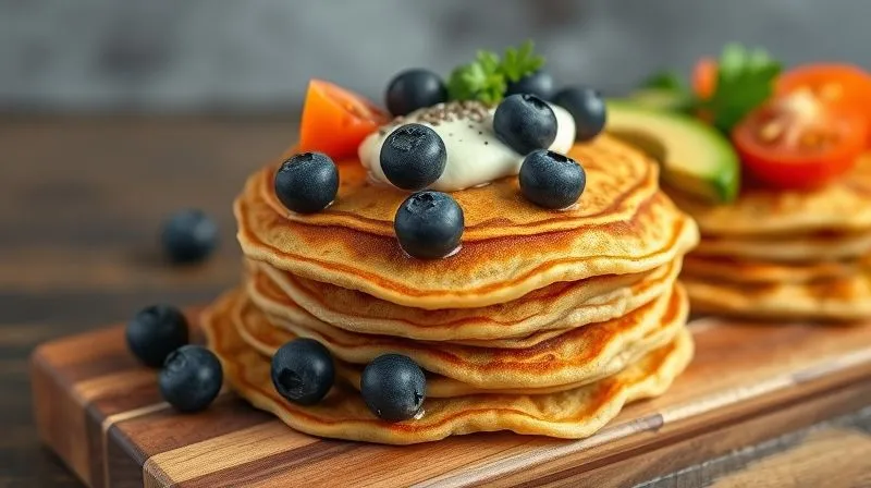 A photorealistic, professional photography, 8K, cinematic lighting, sharp focus, depth of field, shot on a high-end DSLR. A stack of golden-brown gluten-free rice pancakes on a rustic wooden board, artfully topped with a variety of vibrant, healthy ingredients. One pancake stack is adorned with fresh blueberries, a dollop of Greek yogurt, and a sprinkle of chia seeds. Another features sliced avocado, cherry tomatoes, and fresh cilantro, hinting at a savory option. The background is slightly blurred, focusing on the rich textures and colors of the food, emphasizing health and deliciousness.