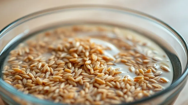 Photorealistic, professional photography, 8K, cinematic lighting, sharp focus, depth of field. A close-up shot of brown rice grains soaking in a glass bowl filled with water, with a subtle ripple on the surface, emphasizing the preparation process. The background is softly blurred, indicating a clean kitchen environment, shot on a high-end DSLR.