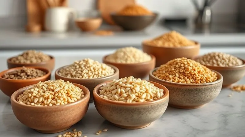 Photorealistic, professional photography, 8K, cinematic lighting, sharp focus, depth of field. A diverse selection of gluten-free grains like quinoa, millet, and buckwheat arranged neatly in small ceramic bowls, showcasing their natural textures and colors. The background is a clean, minimalist kitchen counter, suggesting healthy eating choices, shot on a high-end DSLR.