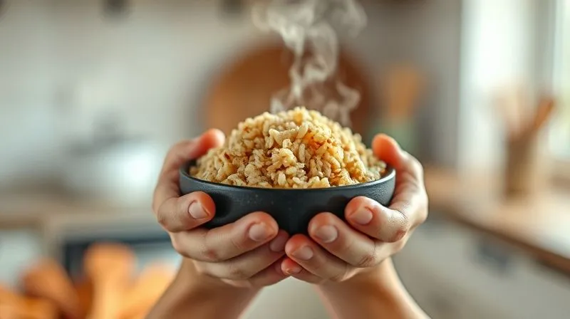Photorealistic, professional photography, 8K, cinematic lighting, sharp focus, depth of field. A person's hands gently cupping a small bowl of perfectly cooked, fluffy brown rice, steam rising, conveying warmth and comfort. The background is a soft, out-of-focus kitchen, emphasizing the personal connection to healthy, comfortable eating, shot on a high-end DSLR.