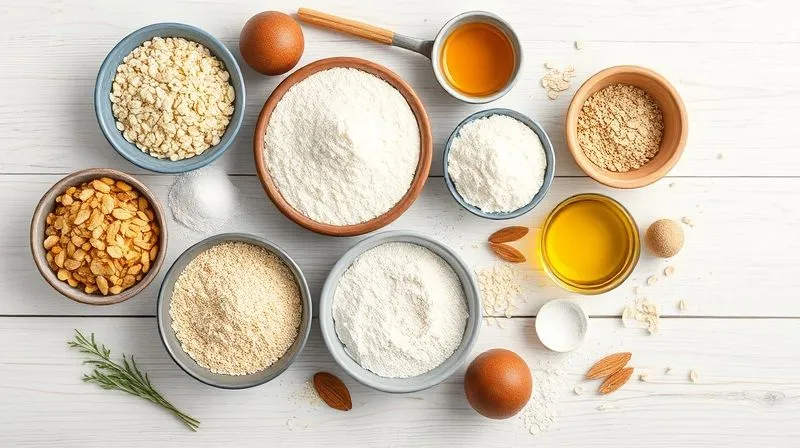 A vibrant, photorealistic flat lay of various gluten-free flours (corn, almond, oat, tapioca) in small bowls, alongside natural sweeteners like stevia and erythritol, and healthy oils, all arranged on a light wooden background. Soft, natural lighting, sharp focus on the ingredients, 8K, high-end DSLR.