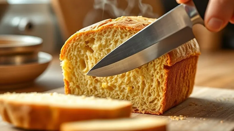 A close-up, photorealistic shot of freshly baked gluten-free corn bread being sliced, steam gently rising, revealing a perfectly textured interior. The knife is sharp and clean. The background is a warm, inviting kitchen. Cinematic lighting, 8K, high-end DSLR, conveying a sense of accomplishment and deliciousness.