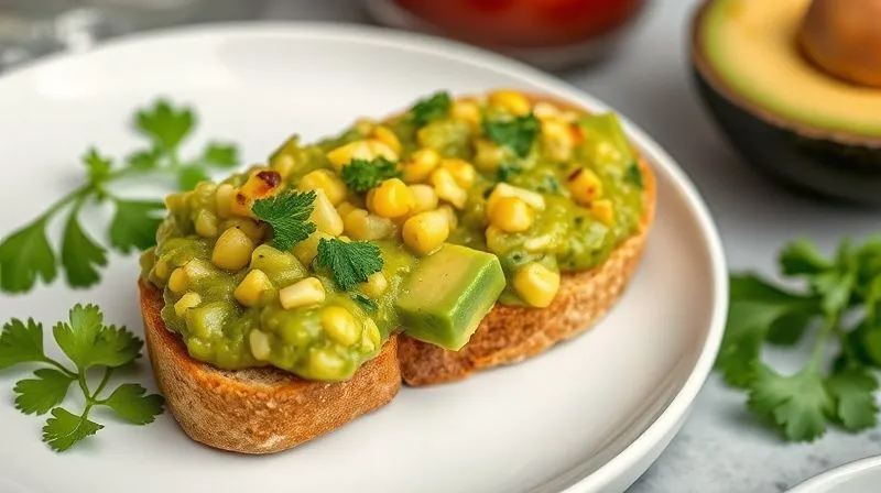 A professional, photorealistic image of a single slice of gluten-free corn bread paired with a vibrant, fresh avocado salsa on a white plate, garnished with cilantro. The scene is well-lit, with a clean and modern aesthetic. Sharp focus on the food, soft background blur. 8K, high-end DSLR, emphasizing healthy eating and gourmet presentation.