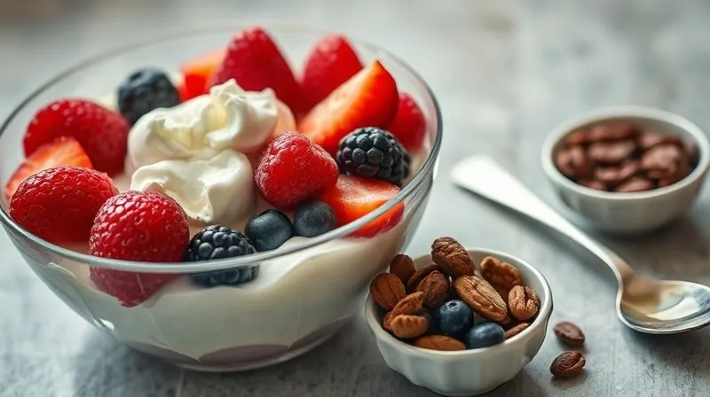 A photorealistic close-up of a dessert bowl, half-filled with fresh berries, and next to it, small bowls containing various high-calorie but 'healthy' additions like dried fruits, nuts, and a spoonful of honey, subtly suggesting hidden calories. Cinematic lighting, sharp focus on the ingredients, depth of field blurring the background, 8K hyper-detailed, professional photography, shot on a high-end DSLR.
