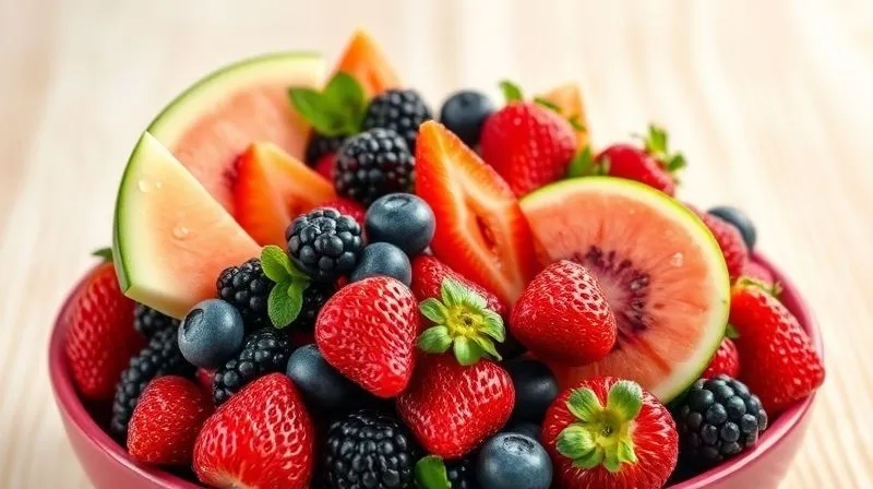 A vibrant, photorealistic bowl overflowing with fresh, colorful berries (strawberries, raspberries, blueberries, blackberries) and slices of melon and watermelon, arranged artfully on a light wooden background. The fruits are glistening with a light dew, emphasizing freshness. Professional photography, 8K, cinematic lighting, sharp focus, depth of field, shot on a high-end DSLR.