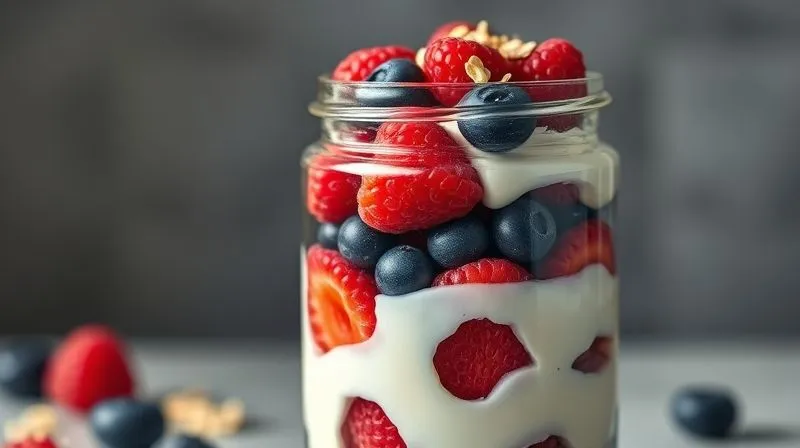 A photorealistic, perfectly layered glass jar of a gluten-free berry parfait, showing distinct strata of creamy white yogurt, vibrant red raspberries, and deep blue blueberries, topped with a sprinkle of gluten-free oats. The lighting is soft and natural, emphasizing the freshness and inviting texture. Professional photography, 8K, cinematic lighting, sharp focus, depth of field, shot on a high-end DSLR.