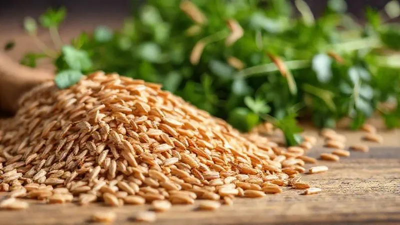 A close-up, photorealistic image of whole grain brown rice grains, scattered on a wooden surface, with a blurred background of fresh green herbs, emphasizing natural health and purity. Cinematic lighting, sharp focus, depth of field, 8K, professional photography, shot on a high-end DSLR.