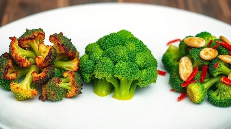 A professional photography close-up of three small, artfully arranged piles of broccoli on a white plate: one pile of roasted broccoli florets with slightly charred edges, one pile of vibrant green steamed broccoli florets, and one pile of stir-fried broccoli with garlic and chili flakes. Each pile has a distinct texture and color, showing the versatility. Cinematic lighting, sharp focus on the textures, shallow depth of field, 8K hyper-detailed, shot on a high-end DSLR.