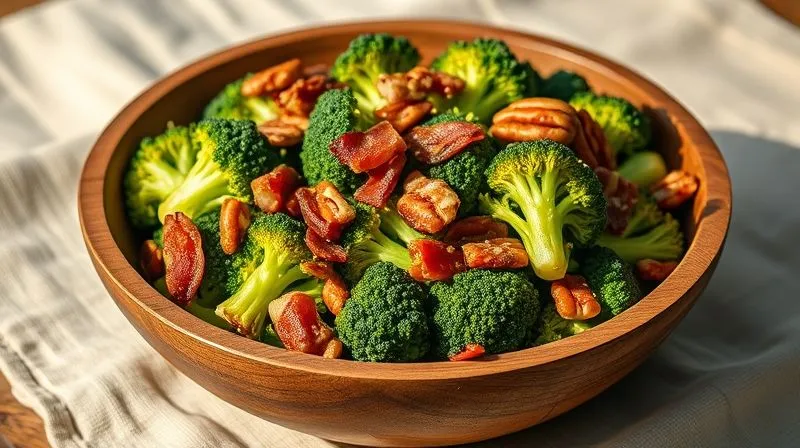 A photorealistic image of a vibrant, low-carb broccoli salad with roasted broccoli florets, crispy bacon bits, toasted pecans, and a light vinaigrette dressing, presented in a rustic wooden bowl on a natural linen tablecloth. Bright, natural lighting, sharp focus on the salad ingredients, with a shallow depth of field. 8K hyper-detailed, shot on a high-end DSLR.