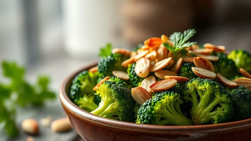A professional photography close-up of a bowl of perfectly cooked, vibrant green broccoli florets, generously garnished with a sprinkle of toasted almond slivers, fresh parsley, and a light dusting of smoked paprika. The focus is on the rich textures and colors of the garnishes. Cinematic lighting, sharp focus, shallow depth of field, 8K hyper-detailed, shot on a high-end DSLR.