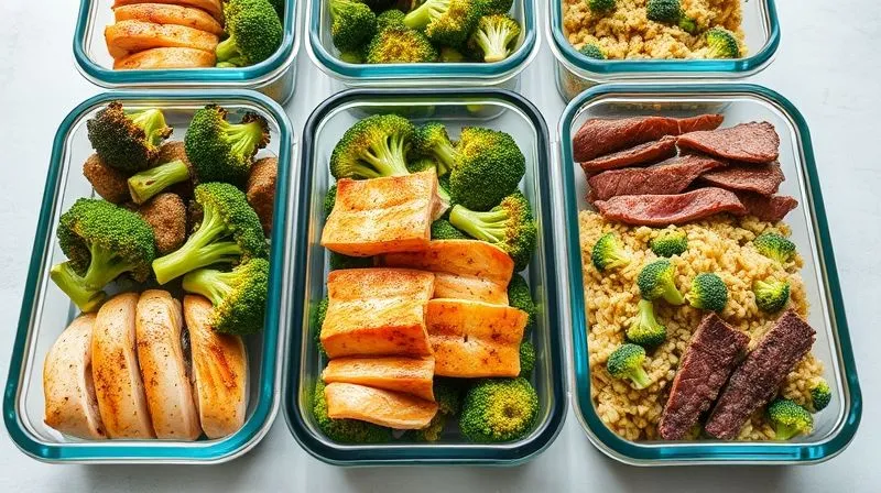 A professional photography of a neatly organized meal prep station with several glass containers, each filled with a different low-carb broccoli dish for the week: one with roasted broccoli and chicken, another with steamed broccoli and salmon, a third with broccoli rice and beef. All dishes look fresh, appealing, and distinct. Bright, even lighting, sharp focus on the food, shallow depth of field, 8K hyper-detailed, shot on a high-end DSLR.