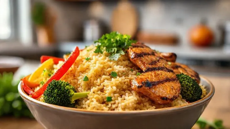 Photorealistic, professional photography of a vibrant bowl of keto broccoli rice with colorful bell peppers, fresh herbs, and grilled chicken, cinematic lighting, sharp focus on the texture of the rice, depth of field blurring a modern kitchen background. 8K hyper-detailed, shot on a high-end DSLR.