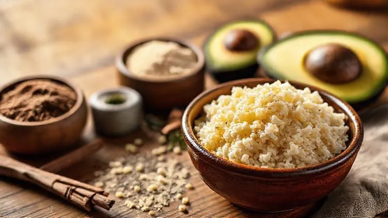 Photorealistic, professional photography of perfectly cooked, fluffy millet in a rustic ceramic bowl, next to high-quality cocoa powder, natural sweetener, and ripe avocado on a wooden kitchen counter. Cinematic lighting, sharp focus on the ingredients, depth of field blurring the background, 8K, shot on a high-end DSLR, conveying freshness and quality.