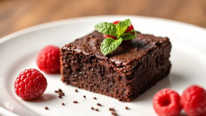 A photorealistic, professional photography image of a single square of rich chocolate millet brownie, elegantly plated on a minimalist white plate, garnished with a few fresh raspberries and a delicate mint leaf. Soft, natural cinematic lighting, sharp focus on the brownie and garnishes, with a shallow depth of field blurring the background. 8K, shot on a high-end DSLR, evoking a sense of gourmet healthy dessert.