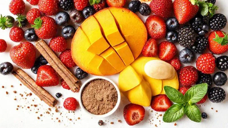 A vibrant, photorealistic flat lay of various fresh fruits and spices that can be added to protein pudding. Include colorful berries, sliced mango, a whole vanilla bean, cinnamon sticks, cocoa powder in a small dish, and a few mint leaves. Arranged on a minimalist white background with soft, natural light. Professional photography, 8K, sharp focus, depth of field, shot on a high-end DSLR.