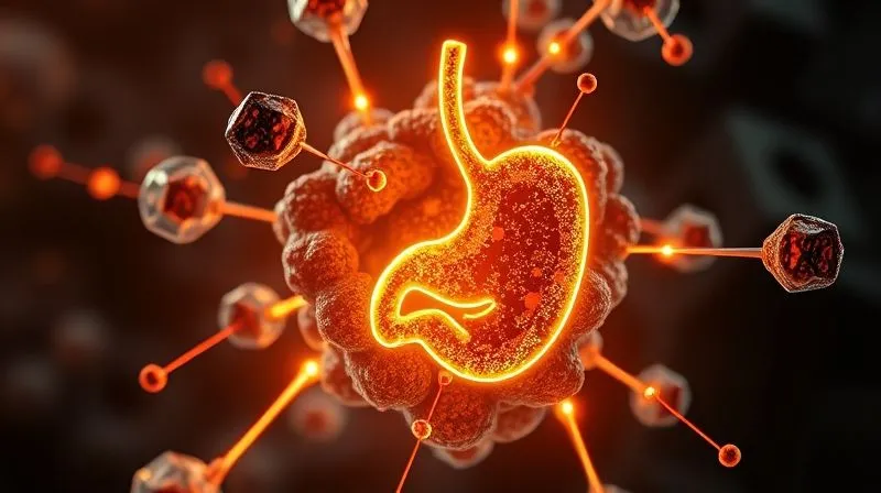photorealistic image of a molecular structure of protein, with abstract glowing lines connecting to a simplified stomach icon, symbolizing digestion and energy, cinematic lighting