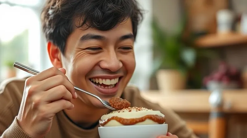 photorealistic image of a person smiling genuinely while eating a protein pudding, looking satisfied and happy, natural light, warm tones, depth of field