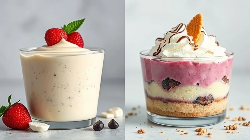 photorealistic side-by-side comparison image of a vibrant, healthy protein pudding on one side and a sugary, processed dessert on the other, with a clear visual distinction in their appeal and perceived healthiness, professional studio lighting