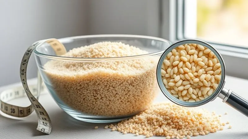 A photorealistic image of a transparent glass bowl filled with cooked bulgur, next to a small pile of dry bulgur grains. A measuring tape is draped around the bowl, and a magnifying glass highlights the texture of the grains. Soft, natural light from a window illuminates the scene, emphasizing health and precision. 8K hyper-detailed, shot on a high-end DSLR.