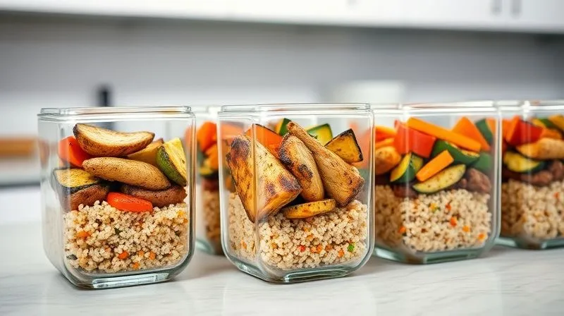 A professional photography shot of a meal prep station with several glass containers filled with perfectly portioned bulgur-based meals. Each container clearly shows bulgur, grilled chicken, and colorful roasted vegetables. The background is a clean, modern kitchen counter with soft, even lighting. Sharp focus on the meal containers, with a subtle depth of field. 8K hyper-detailed, shot on a high-end DSLR.