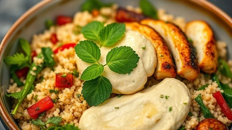 A close-up, photorealistic image of a vibrant, colorful Tabbouleh salad with grilled chicken and a dollop of hummus, served in a modern ceramic bowl. Fresh mint and parsley leaves are scattered on top. Cinematic lighting highlights the texture of the bulgur and the fresh ingredients. Sharp focus on the salad, with a shallow depth of field. 8K hyper-detailed, shot on a high-end DSLR.