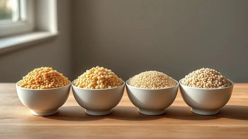 A professional photography shot comparing four different types of grains: bulgur, couscous, quinoa, and buckwheat, each in a small, elegant ceramic bowl. The bowls are arranged on a minimalist wooden surface. Soft, diffused natural light from a window illuminates the scene, emphasizing the distinct textures and colors of each grain. Sharp focus on all bowls, with a clean, blurred background. 8K hyper-detailed, shot on a high-end DSLR.