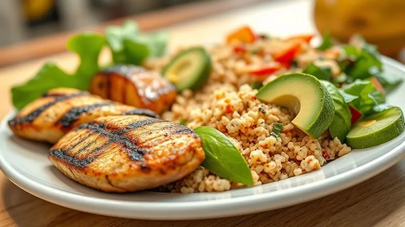 A close-up, photorealistic image of a balanced meal plate, divided into sections: one with lean grilled chicken (protein), another with a vibrant bulgur salad (fiber), and a small portion of avocado slices (healthy fats). The lighting is bright and natural, emphasizing freshness. Sharp focus on the food, depth of field blurring a clean kitchen background. 8K, shot on a high-end DSLR.