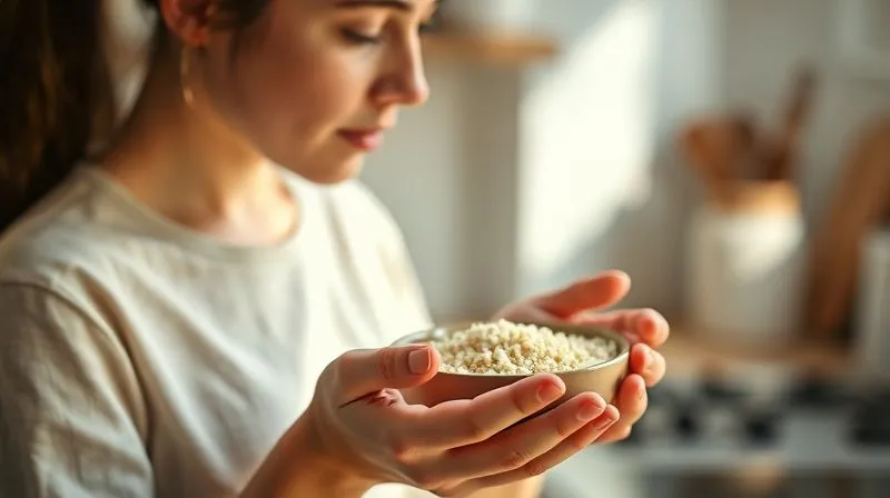 A serene, photorealistic image of a person gently holding a small bowl of bulgur, looking thoughtfully at it, with a soft, warm light illuminating their face. The background is a minimalist, peaceful kitchen, slightly out of focus. This image evokes mindfulness and appreciation for food, representing the psychological aspect of satiety. Sharp focus on the hands and bowl, depth of field. 8K, shot on a high-end DSLR.