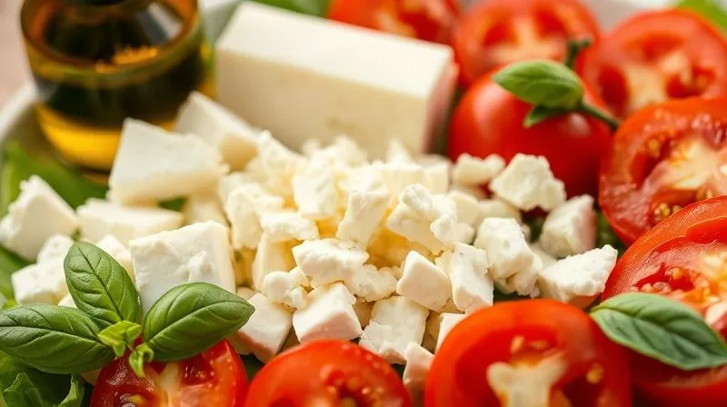 A close-up, photorealistic image of a salad plate with various light cheese options and a spray bottle of olive oil, alongside fresh tomatoes and basil. The light mozzarella, crumbled ricotta, and goat cheese are clearly distinguishable. Professional photography, 8K, cinematic lighting, sharp focus, depth of field.